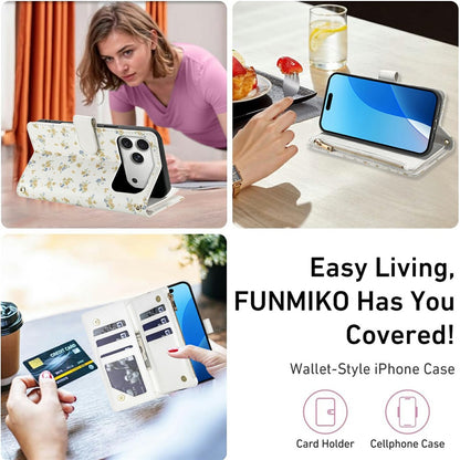For iPhone 17 Pro Leather Case with Wrist Strap  /  Shoulder Strap Rhombic Floral Pattern Zipper Wallet Phone Cover