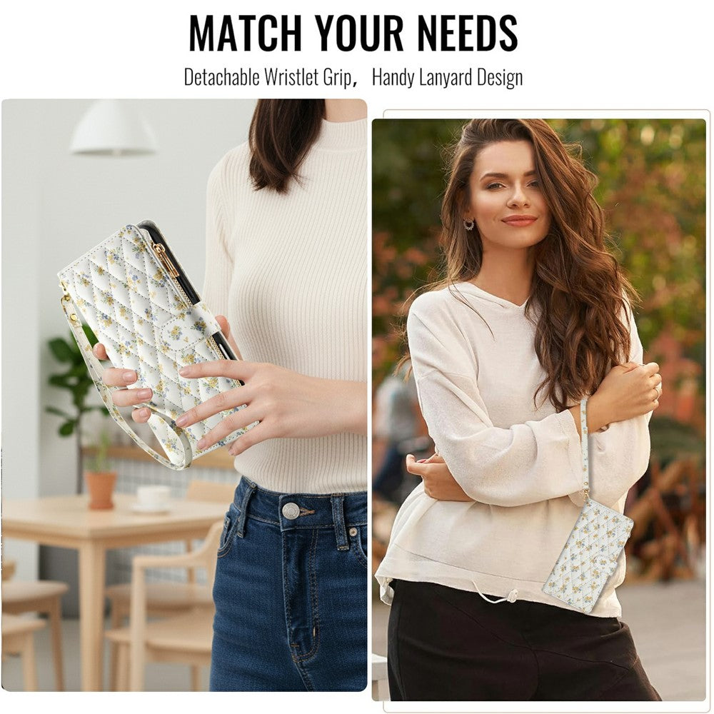 For iPhone 17 Pro Leather Case with Wrist Strap  /  Shoulder Strap Rhombic Floral Pattern Zipper Wallet Phone Cover