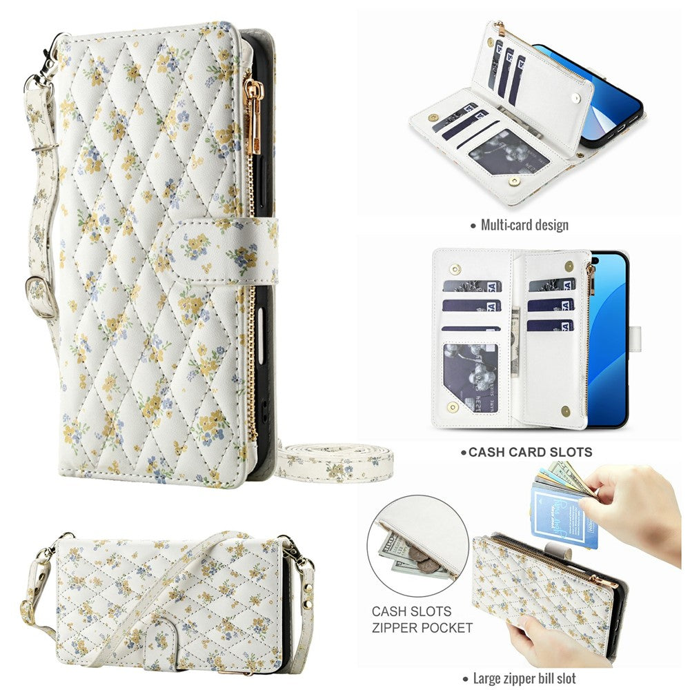 For iPhone 17 Pro Leather Case with Wrist Strap  /  Shoulder Strap Rhombic Floral Pattern Zipper Wallet Phone Cover