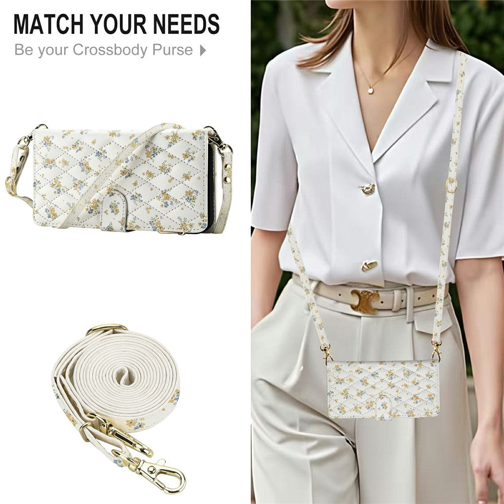 For iPhone 17 Pro Leather Case with Wrist Strap  /  Shoulder Strap Rhombic Floral Pattern Zipper Wallet Phone Cover