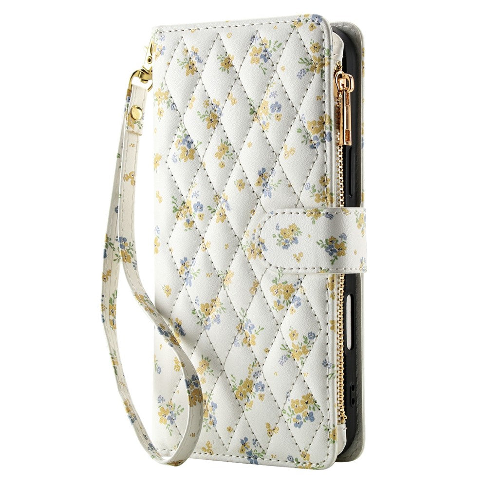 For iPhone 17 Pro Leather Case with Wrist Strap  /  Shoulder Strap Rhombic Floral Pattern Zipper Wallet Phone Cover