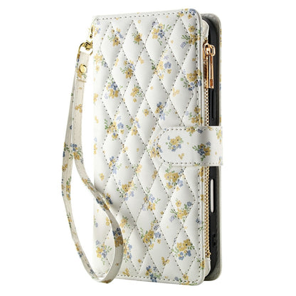 For iPhone 17 Pro Leather Case with Wrist Strap  /  Shoulder Strap Rhombic Floral Pattern Zipper Wallet Phone Cover