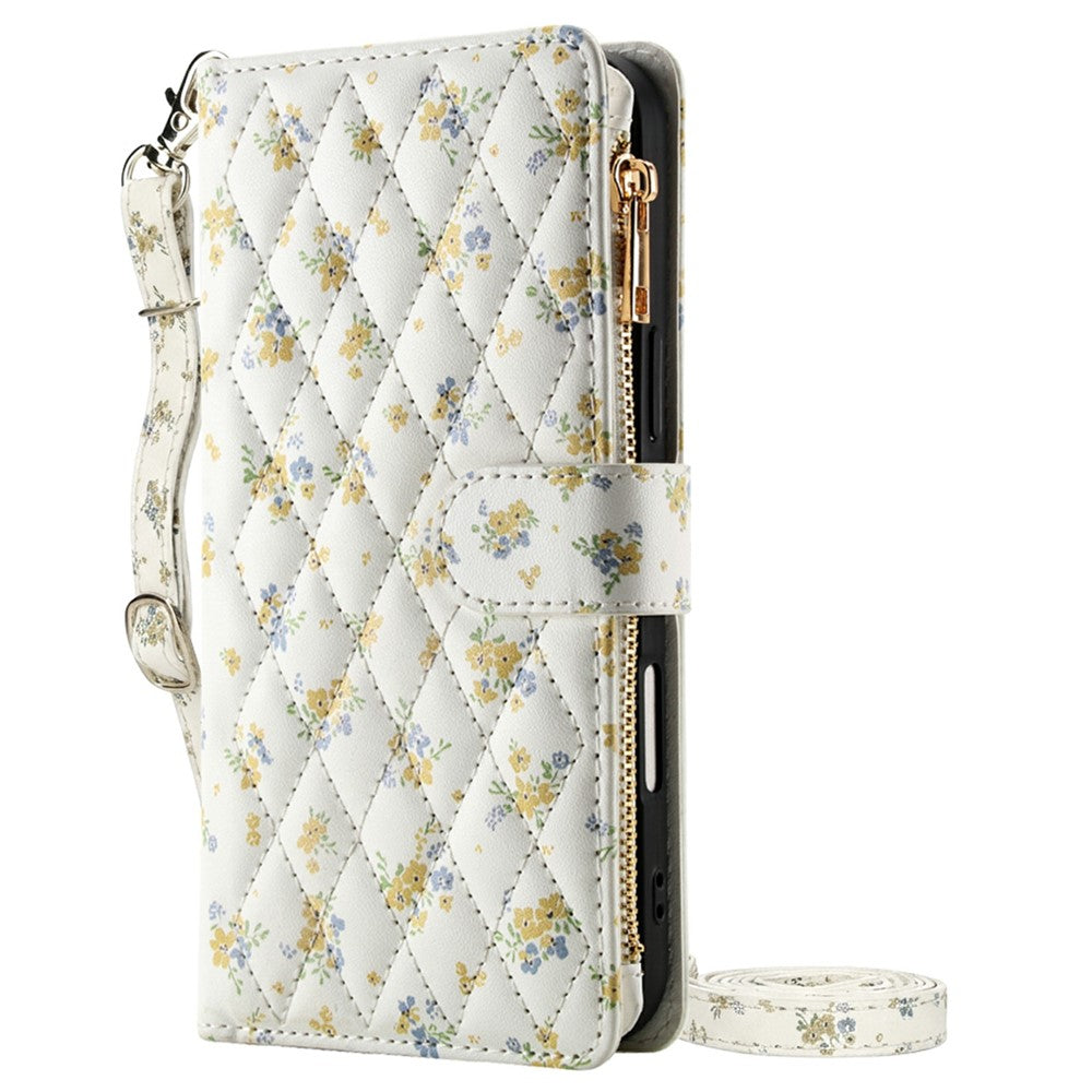 For iPhone 17 Pro Leather Case with Wrist Strap  /  Shoulder Strap Rhombic Floral Pattern Zipper Wallet Phone Cover