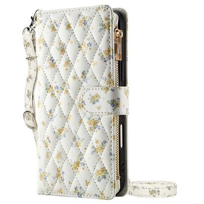 For iPhone 17 Pro Leather Case with Wrist Strap  /  Shoulder Strap Rhombic Floral Pattern Zipper Wallet Phone Cover