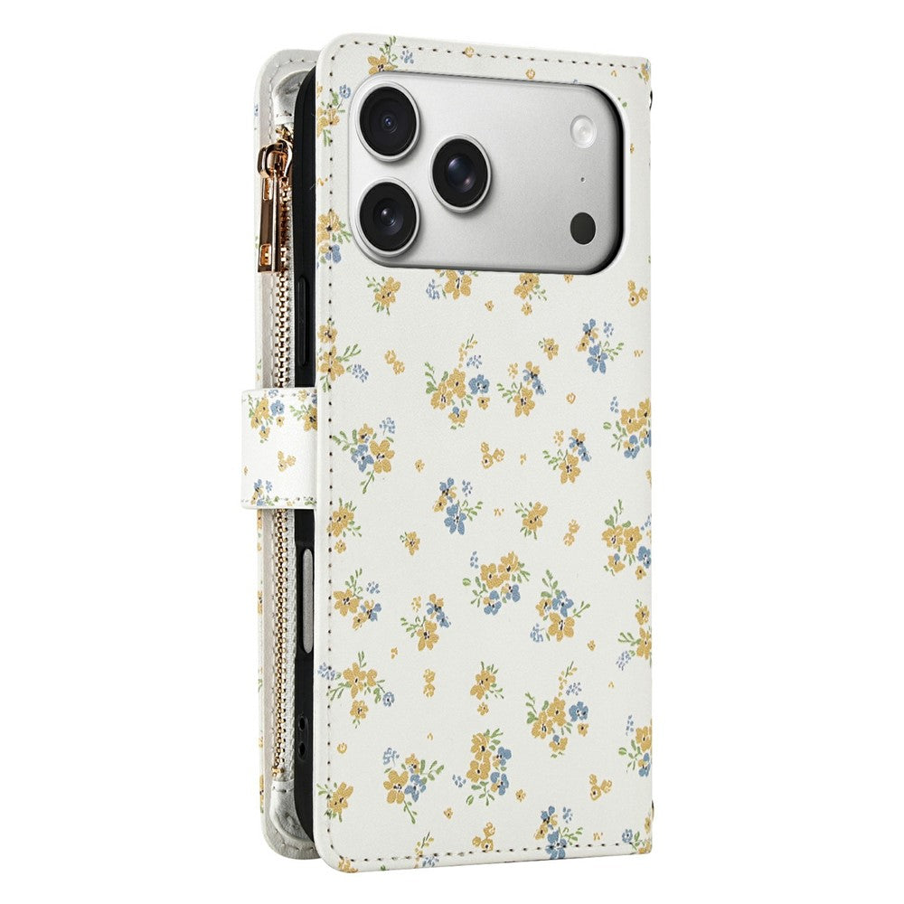 For iPhone 17 Pro Leather Case with Wrist Strap  /  Shoulder Strap Rhombic Floral Pattern Zipper Wallet Phone Cover