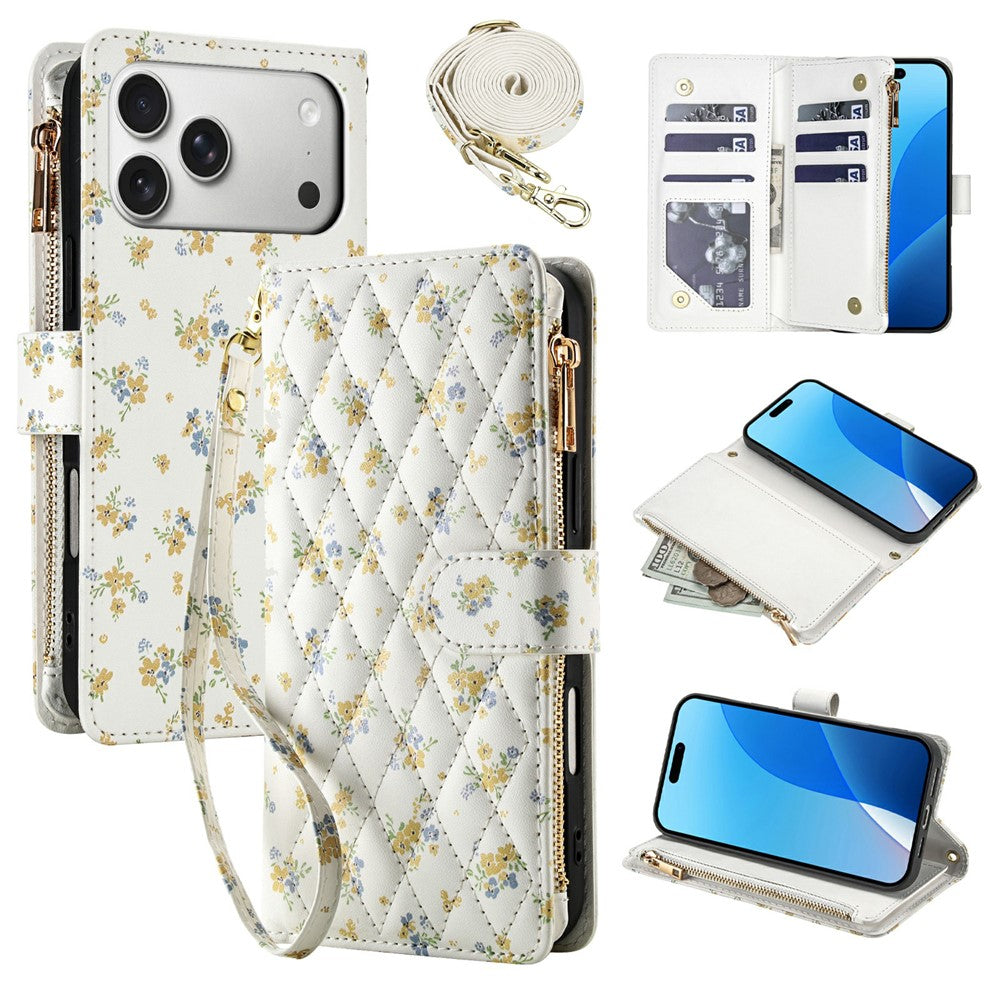 For iPhone 17 Pro Leather Case with Wrist Strap  /  Shoulder Strap Rhombic Floral Pattern Zipper Wallet Phone Cover