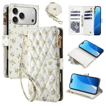 For iPhone 17 Pro Leather Case with Wrist Strap  /  Shoulder Strap Rhombic Floral Pattern Zipper Wallet Phone Cover
