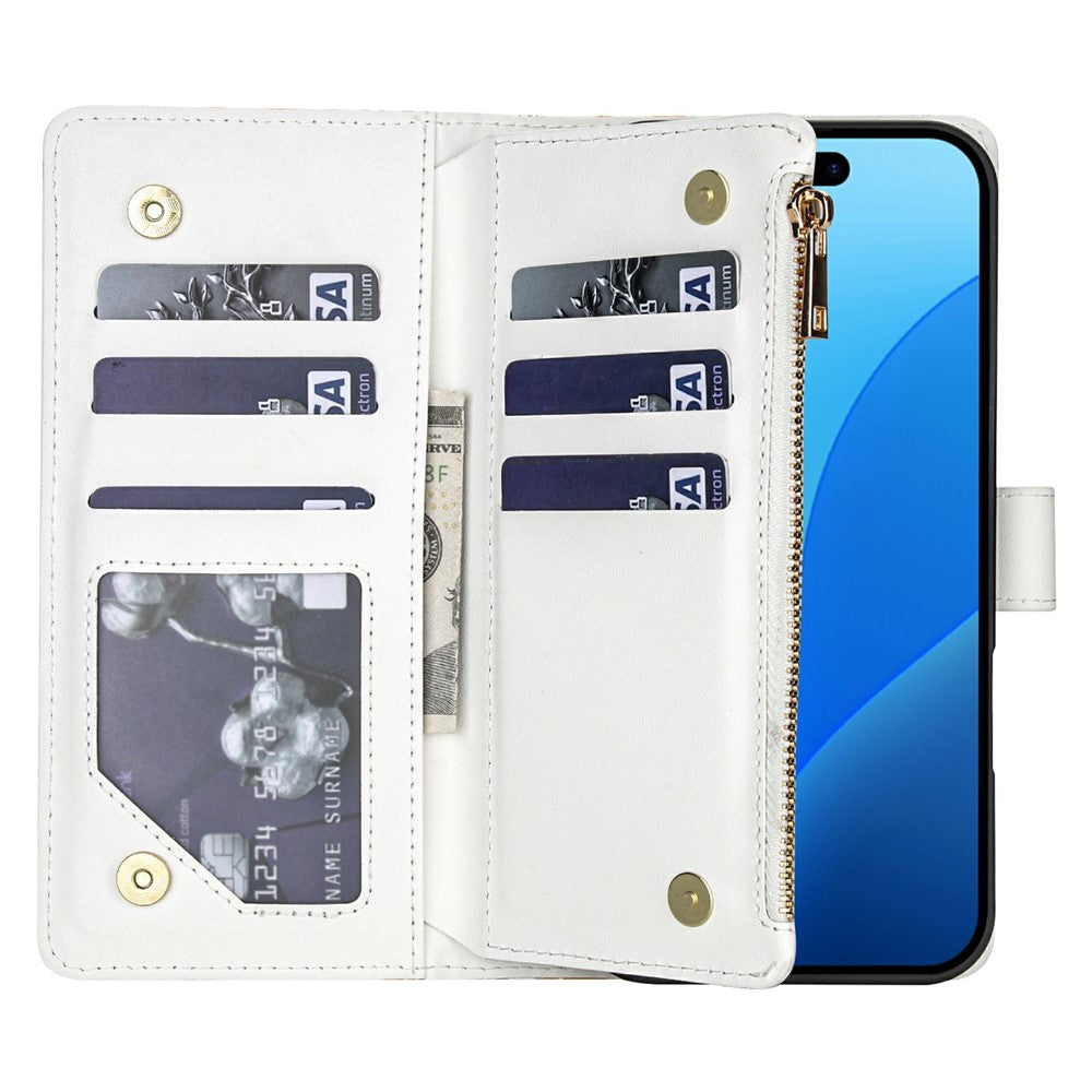 For iPhone 17 Pro Leather Case with Wrist Strap  /  Shoulder Strap Rhombic Floral Pattern Zipper Wallet Phone Cover