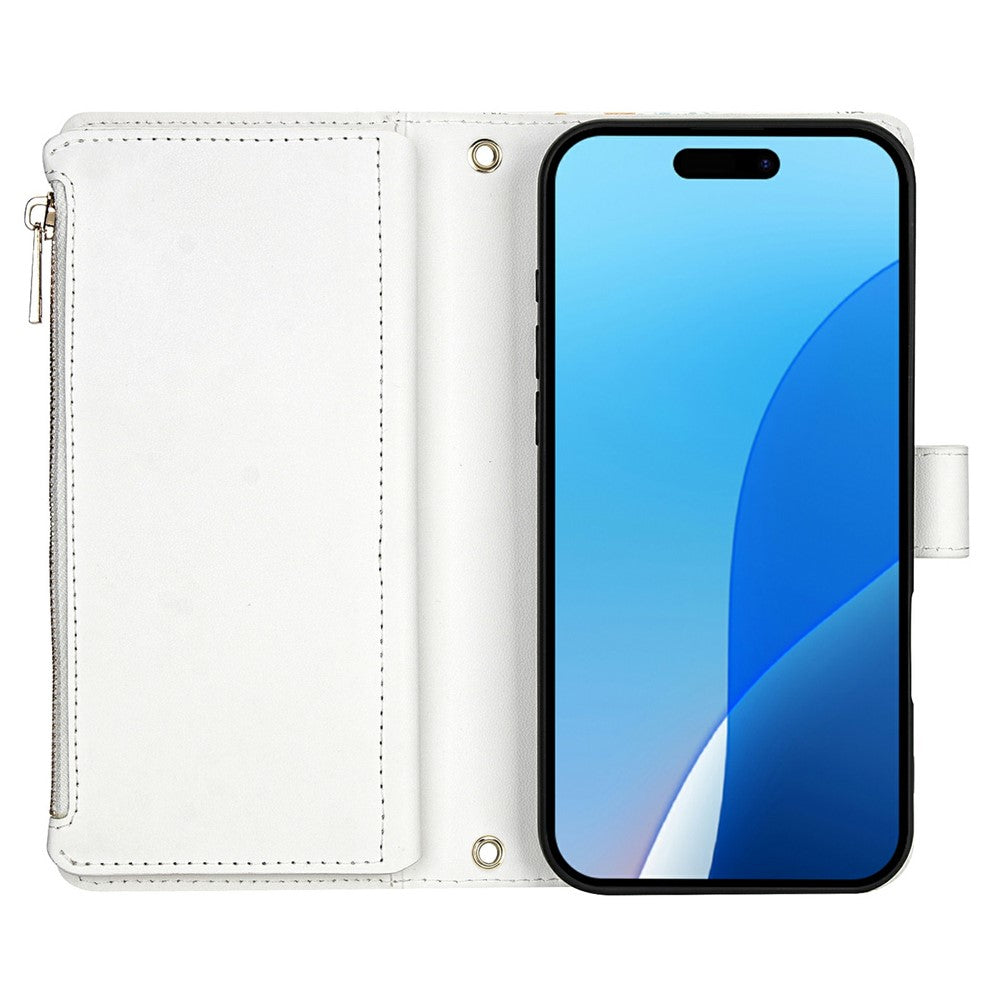 For iPhone 17 Pro Leather Case with Wrist Strap  /  Shoulder Strap Rhombic Floral Pattern Zipper Wallet Phone Cover