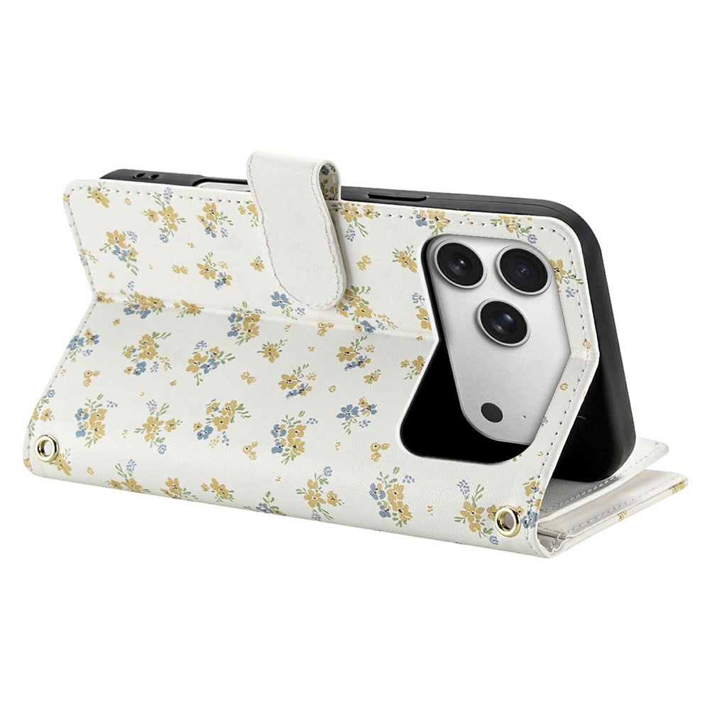 For iPhone 17 Pro Leather Case with Wrist Strap  /  Shoulder Strap Rhombic Floral Pattern Zipper Wallet Phone Cover