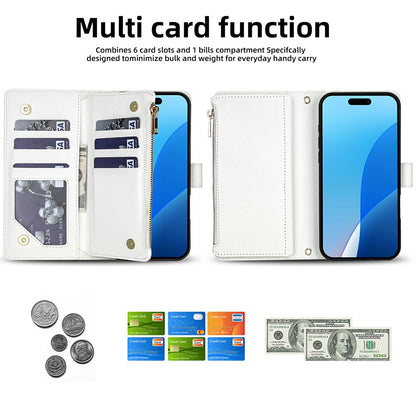 For iPhone 17 Pro Leather Case with Wrist Strap  /  Shoulder Strap Rhombic Floral Pattern Zipper Wallet Phone Cover