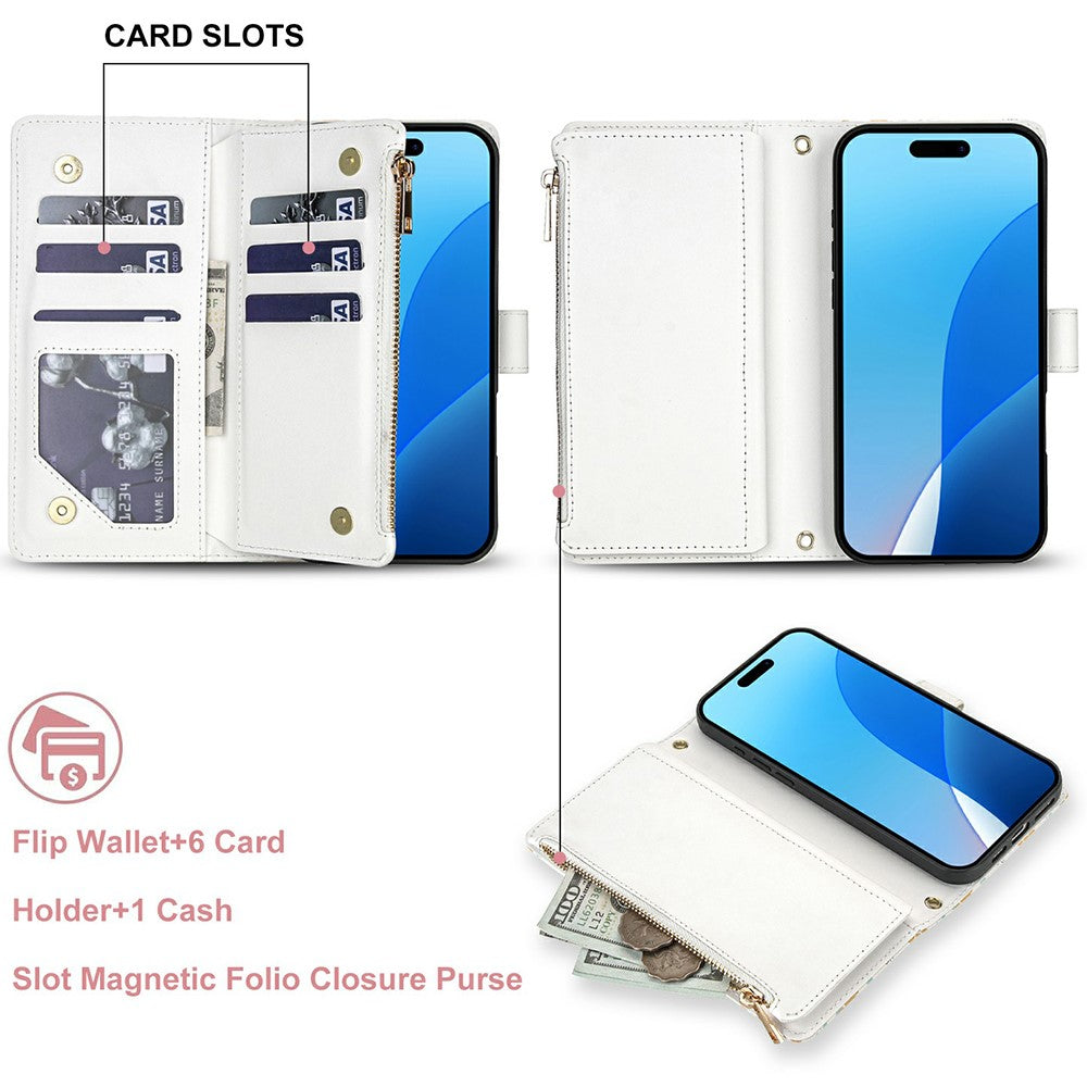 For iPhone 17 Pro Leather Case with Wrist Strap  /  Shoulder Strap Rhombic Floral Pattern Zipper Wallet Phone Cover