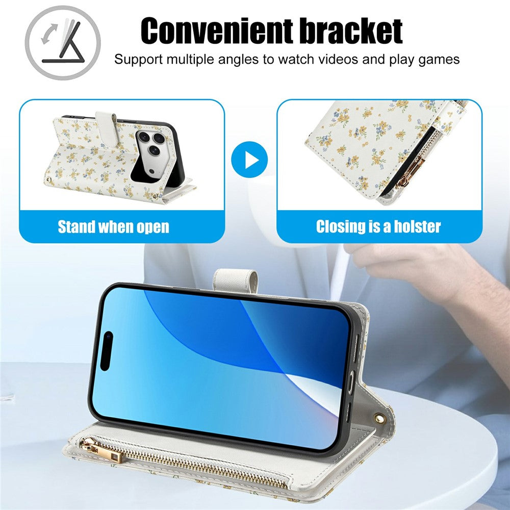For iPhone 17 Pro Leather Case with Wrist Strap  /  Shoulder Strap Rhombic Floral Pattern Zipper Wallet Phone Cover