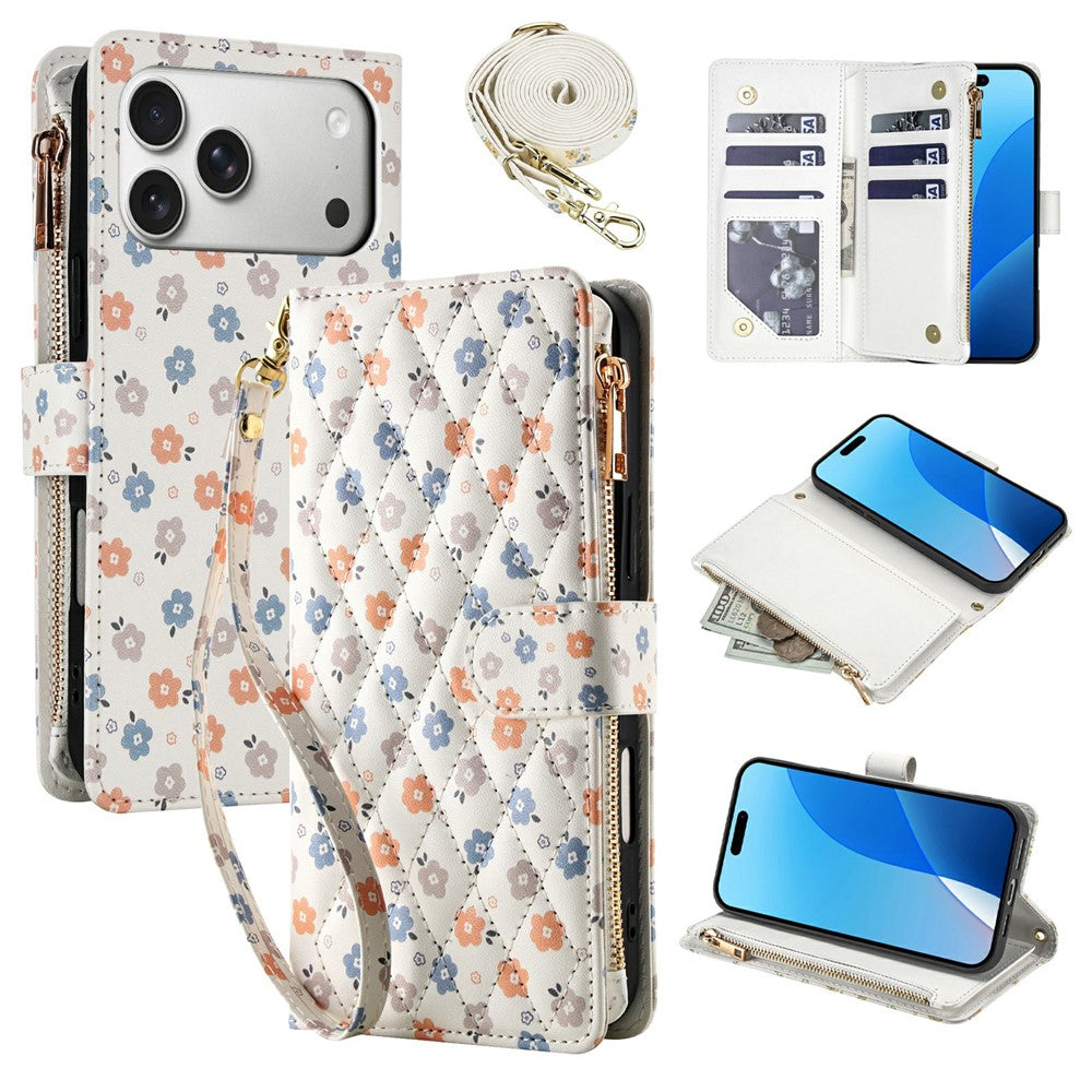 For iPhone 17 Pro Leather Case with Wrist Strap  /  Shoulder Strap Rhombic Floral Pattern Zipper Wallet Phone Cover