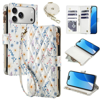 For iPhone 17 Pro Leather Case with Wrist Strap  /  Shoulder Strap Rhombic Floral Pattern Zipper Wallet Phone Cover