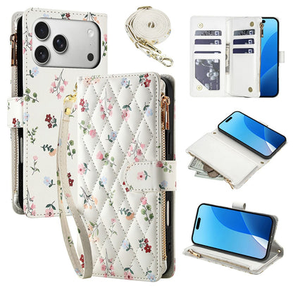 For iPhone 17 Pro Leather Case with Wrist Strap  /  Shoulder Strap Rhombic Floral Pattern Zipper Wallet Phone Cover