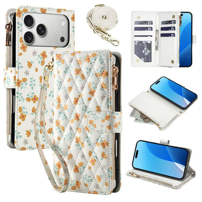 For iPhone 17 Pro Leather Case with Wrist Strap  /  Shoulder Strap Rhombic Floral Pattern Zipper Wallet Phone Cover