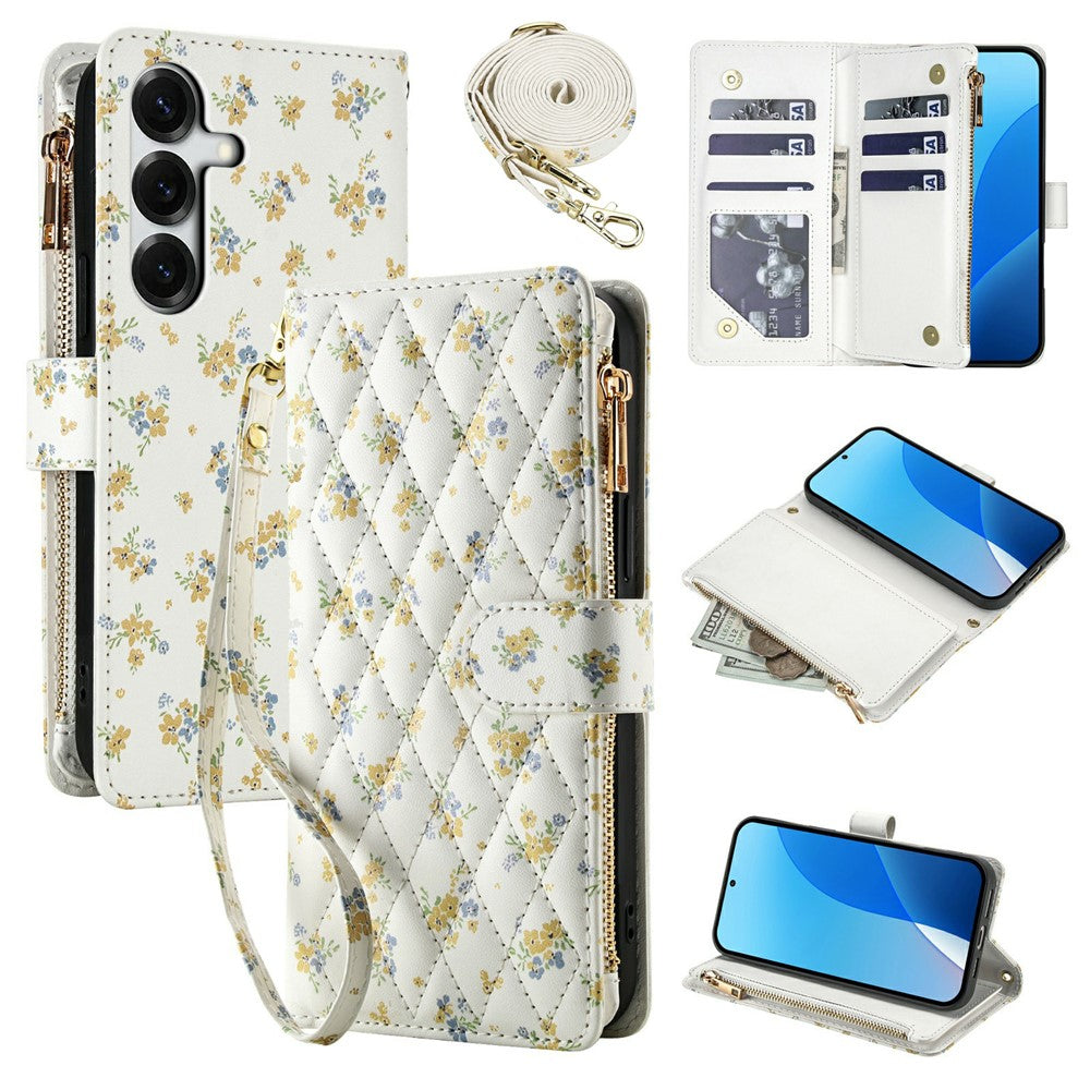 For Samsung Galaxy S26+ Leather Case with Wrist Strap  /  Shoulder Strap Rhombic Floral Pattern Zipper Wallet Phone Cover