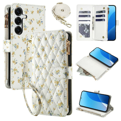 For Samsung Galaxy S26+ Leather Case with Wrist Strap  /  Shoulder Strap Rhombic Floral Pattern Zipper Wallet Phone Cover