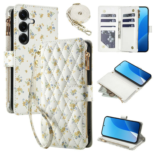 For Samsung Galaxy S26+ Leather Case with Wrist Strap  /  Shoulder Strap Rhombic Floral Pattern Zipper Wallet Phone Cover