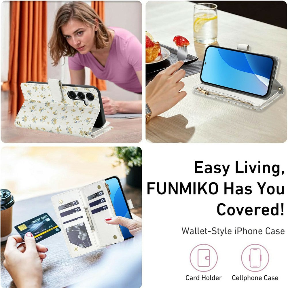 For Samsung Galaxy S26+ Leather Case with Wrist Strap  /  Shoulder Strap Rhombic Floral Pattern Zipper Wallet Phone Cover