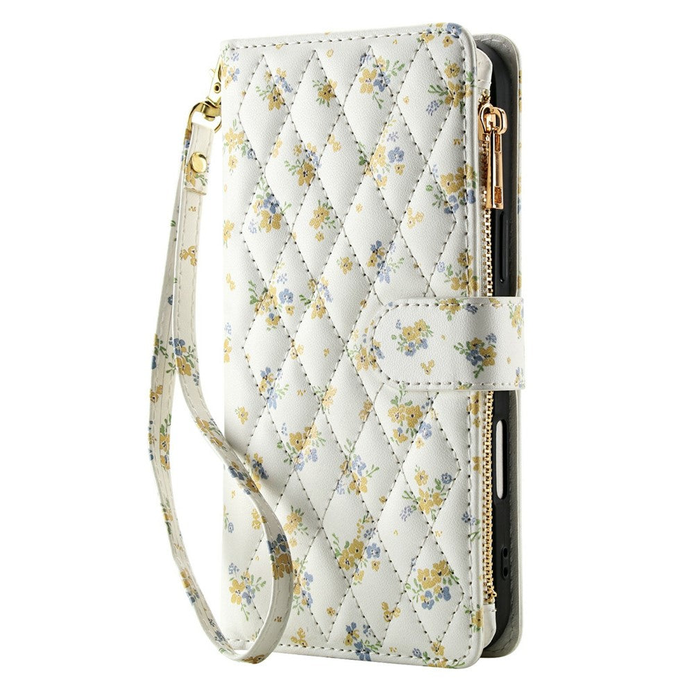 For Samsung Galaxy S26+ Leather Case with Wrist Strap  /  Shoulder Strap Rhombic Floral Pattern Zipper Wallet Phone Cover