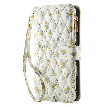 For Samsung Galaxy S26+ Leather Case with Wrist Strap  /  Shoulder Strap Rhombic Floral Pattern Zipper Wallet Phone Cover
