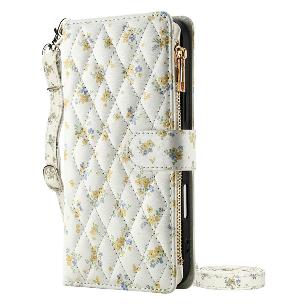 For Samsung Galaxy S26+ Leather Case with Wrist Strap  /  Shoulder Strap Rhombic Floral Pattern Zipper Wallet Phone Cover