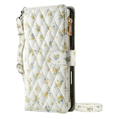 For Samsung Galaxy S26+ Leather Case with Wrist Strap  /  Shoulder Strap Rhombic Floral Pattern Zipper Wallet Phone Cover