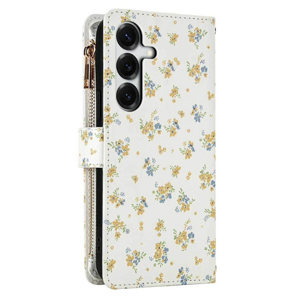 For Samsung Galaxy S26+ Leather Case with Wrist Strap  /  Shoulder Strap Rhombic Floral Pattern Zipper Wallet Phone Cover