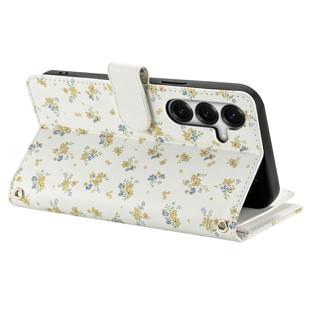 For Samsung Galaxy S26+ Leather Case with Wrist Strap  /  Shoulder Strap Rhombic Floral Pattern Zipper Wallet Phone Cover