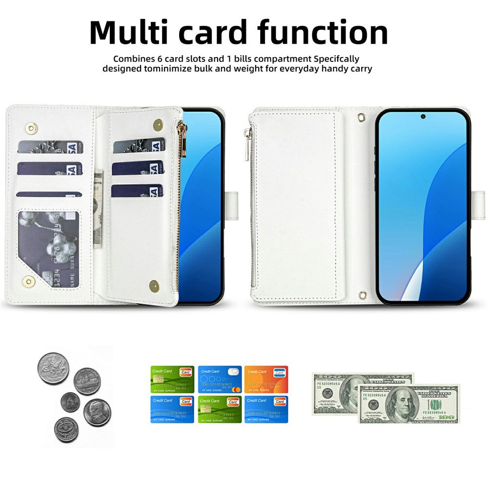 For Samsung Galaxy S26+ Leather Case with Wrist Strap  /  Shoulder Strap Rhombic Floral Pattern Zipper Wallet Phone Cover