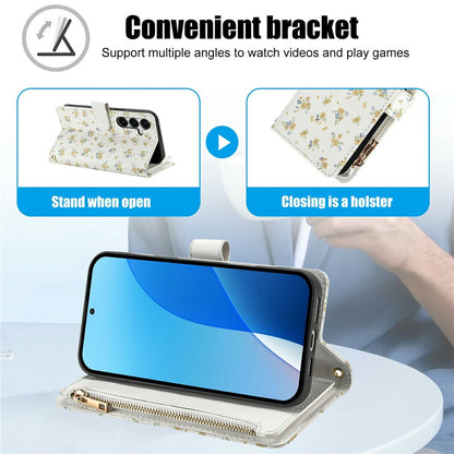 For Samsung Galaxy S26+ Leather Case with Wrist Strap  /  Shoulder Strap Rhombic Floral Pattern Zipper Wallet Phone Cover