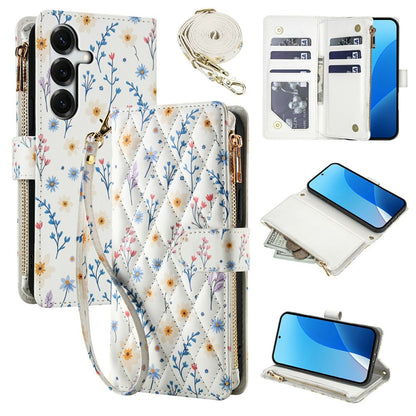 For Samsung Galaxy S26+ Leather Case with Wrist Strap  /  Shoulder Strap Rhombic Floral Pattern Zipper Wallet Phone Cover