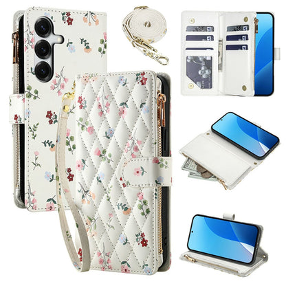 For Samsung Galaxy S26+ Leather Case with Wrist Strap  /  Shoulder Strap Rhombic Floral Pattern Zipper Wallet Phone Cover