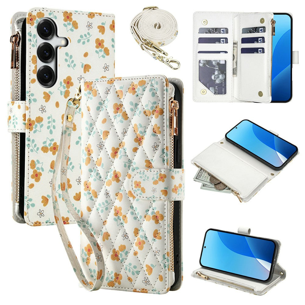 For Samsung Galaxy S26+ Leather Case with Wrist Strap  /  Shoulder Strap Rhombic Floral Pattern Zipper Wallet Phone Cover