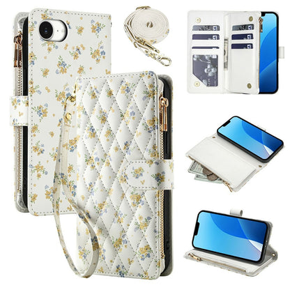 For iPhone 17e  /  16e Leather Case with Wrist Strap  /  Shoulder Strap Rhombic Floral Pattern Zipper Wallet Phone Cover