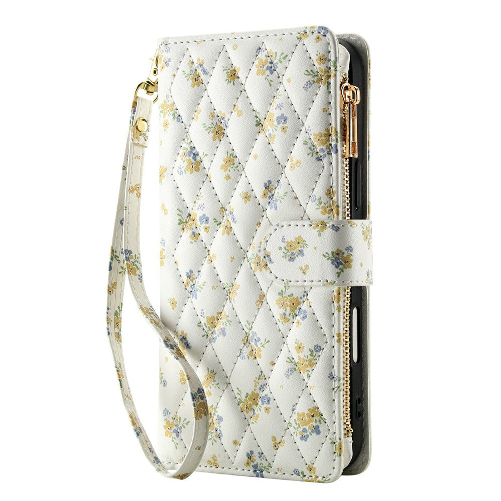 For iPhone 17e  /  16e Leather Case with Wrist Strap  /  Shoulder Strap Rhombic Floral Pattern Zipper Wallet Phone Cover