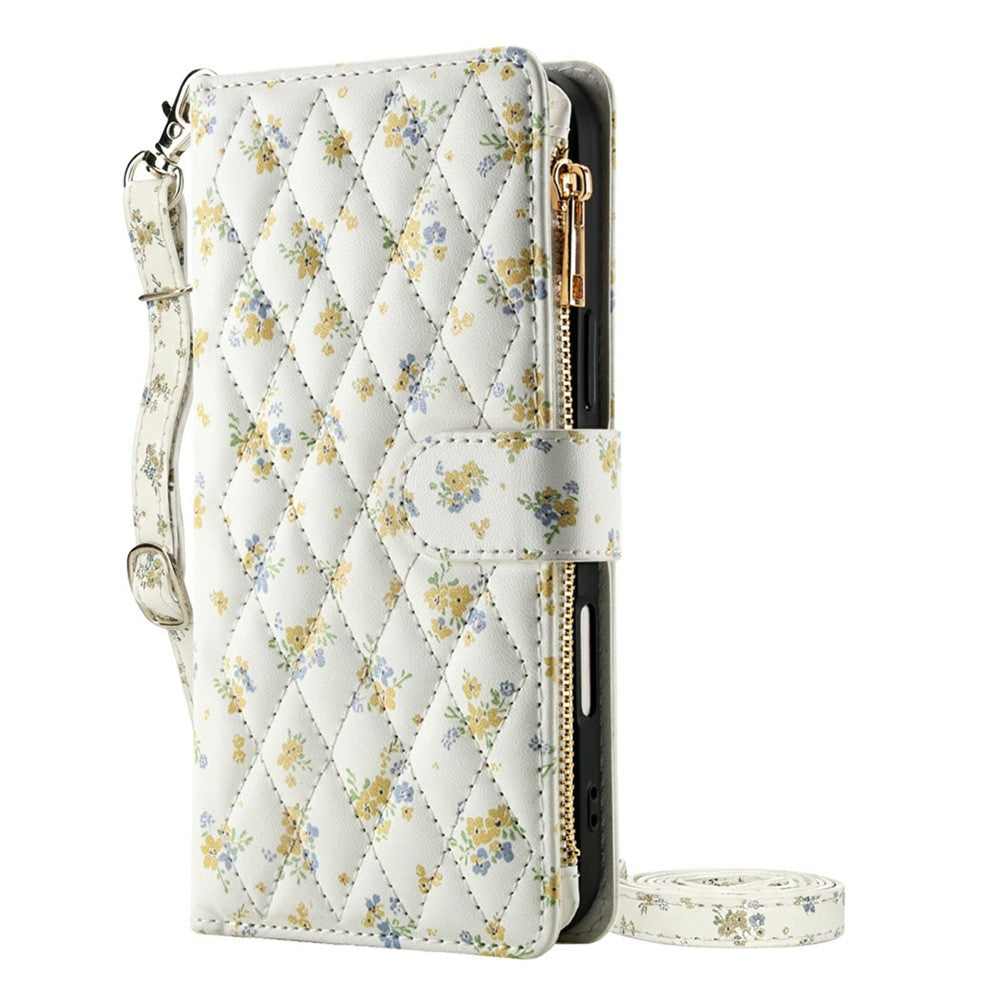 For iPhone 17e  /  16e Leather Case with Wrist Strap  /  Shoulder Strap Rhombic Floral Pattern Zipper Wallet Phone Cover