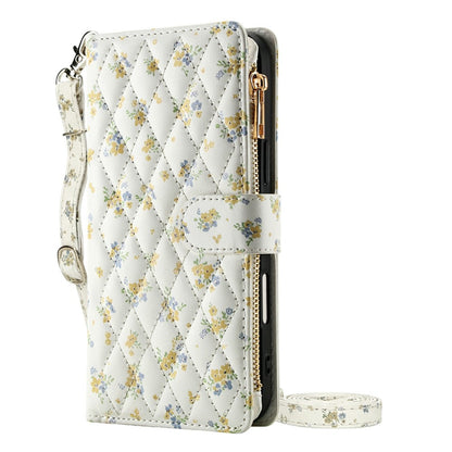 For iPhone 17e  /  16e Leather Case with Wrist Strap  /  Shoulder Strap Rhombic Floral Pattern Zipper Wallet Phone Cover