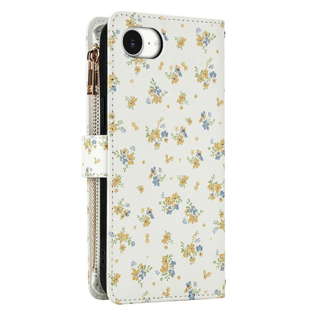 For iPhone 17e  /  16e Leather Case with Wrist Strap  /  Shoulder Strap Rhombic Floral Pattern Zipper Wallet Phone Cover