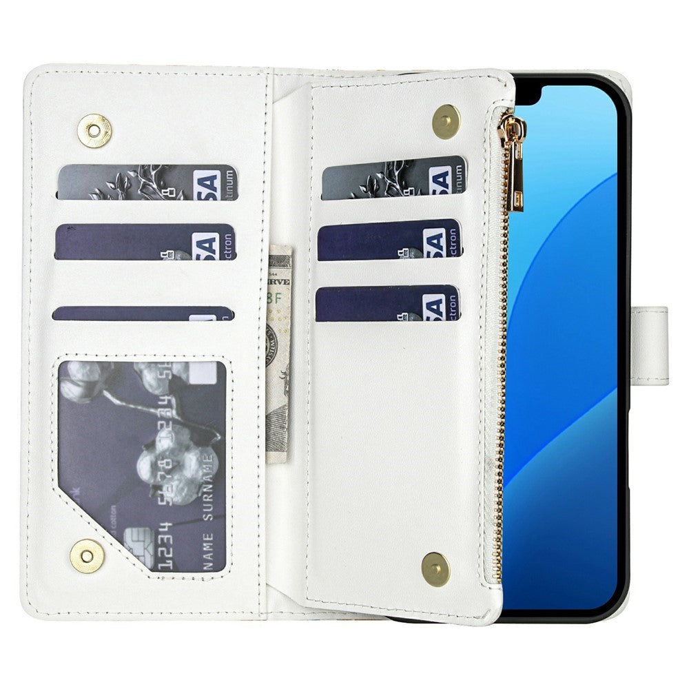 For iPhone 17e  /  16e Leather Case with Wrist Strap  /  Shoulder Strap Rhombic Floral Pattern Zipper Wallet Phone Cover