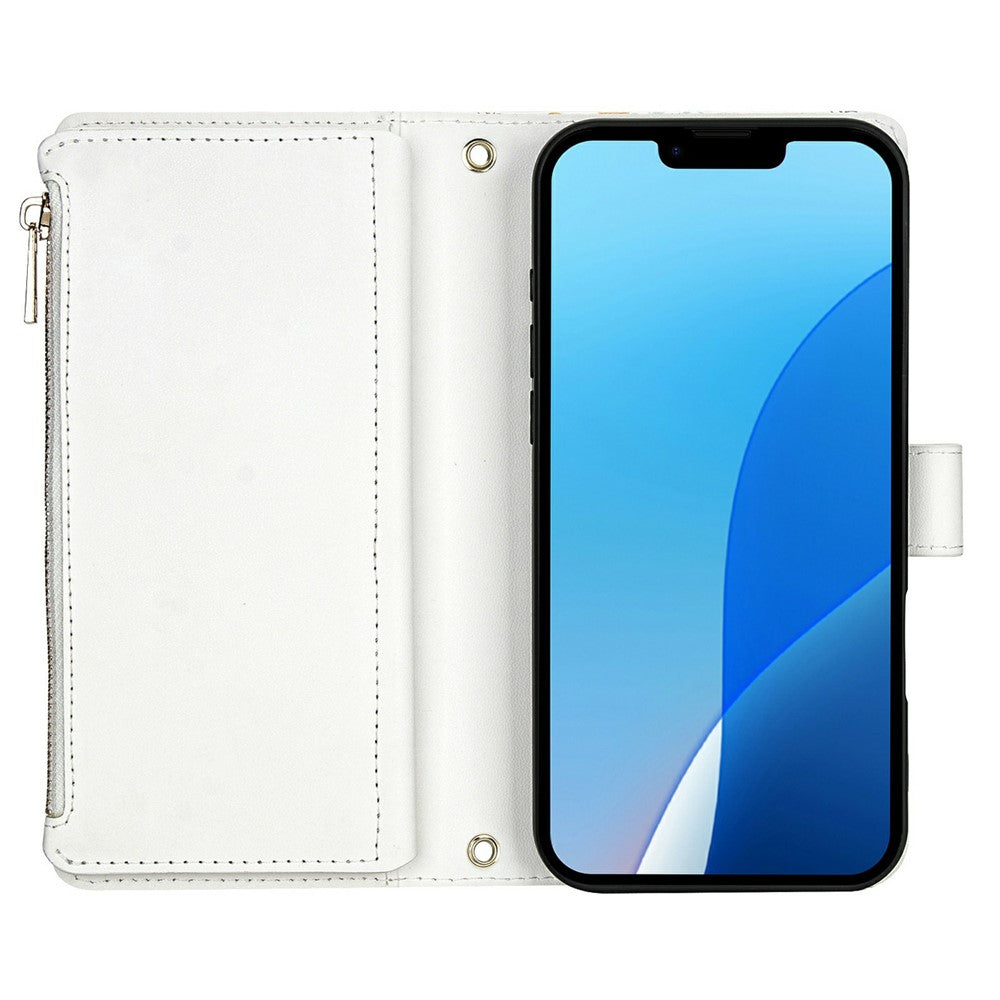 For iPhone 17e  /  16e Leather Case with Wrist Strap  /  Shoulder Strap Rhombic Floral Pattern Zipper Wallet Phone Cover