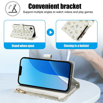 For iPhone 17e  /  16e Leather Case with Wrist Strap  /  Shoulder Strap Rhombic Floral Pattern Zipper Wallet Phone Cover