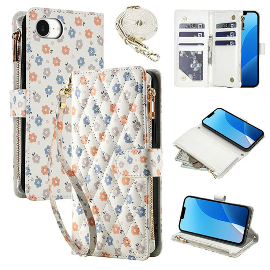 For iPhone 17e  /  16e Leather Case with Wrist Strap  /  Shoulder Strap Rhombic Floral Pattern Zipper Wallet Phone Cover