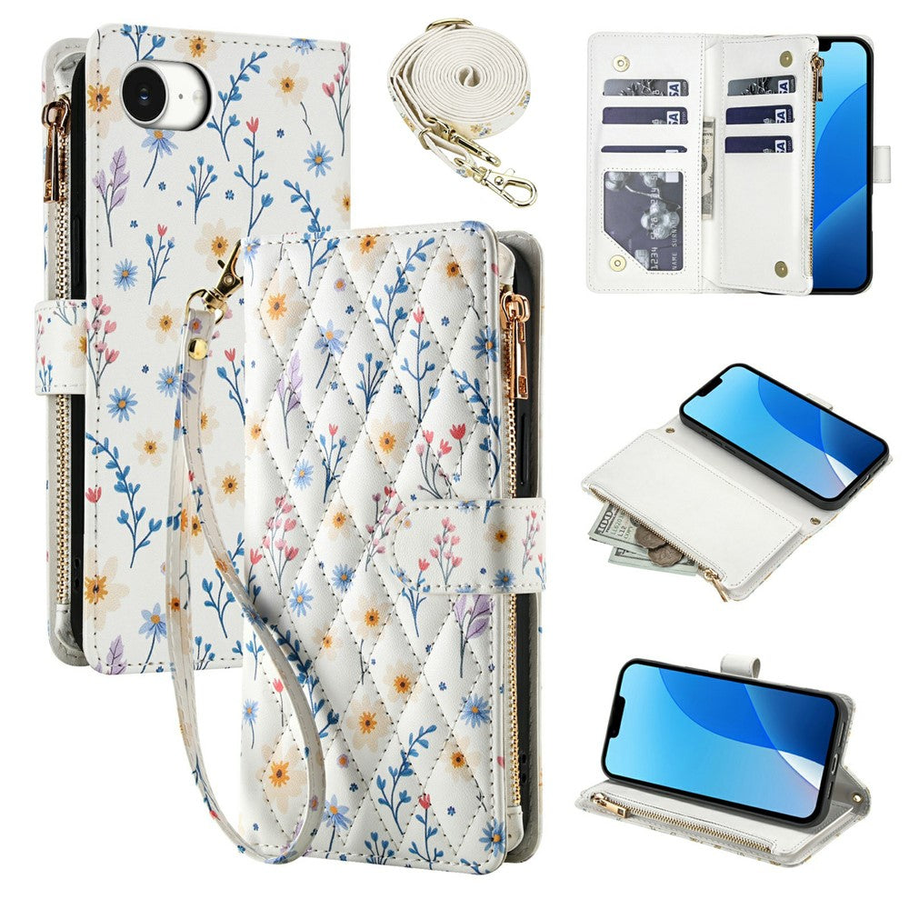 For iPhone 17e  /  16e Leather Case with Wrist Strap  /  Shoulder Strap Rhombic Floral Pattern Zipper Wallet Phone Cover