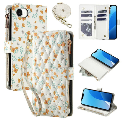 For iPhone 17e  /  16e Leather Case with Wrist Strap  /  Shoulder Strap Rhombic Floral Pattern Zipper Wallet Phone Cover