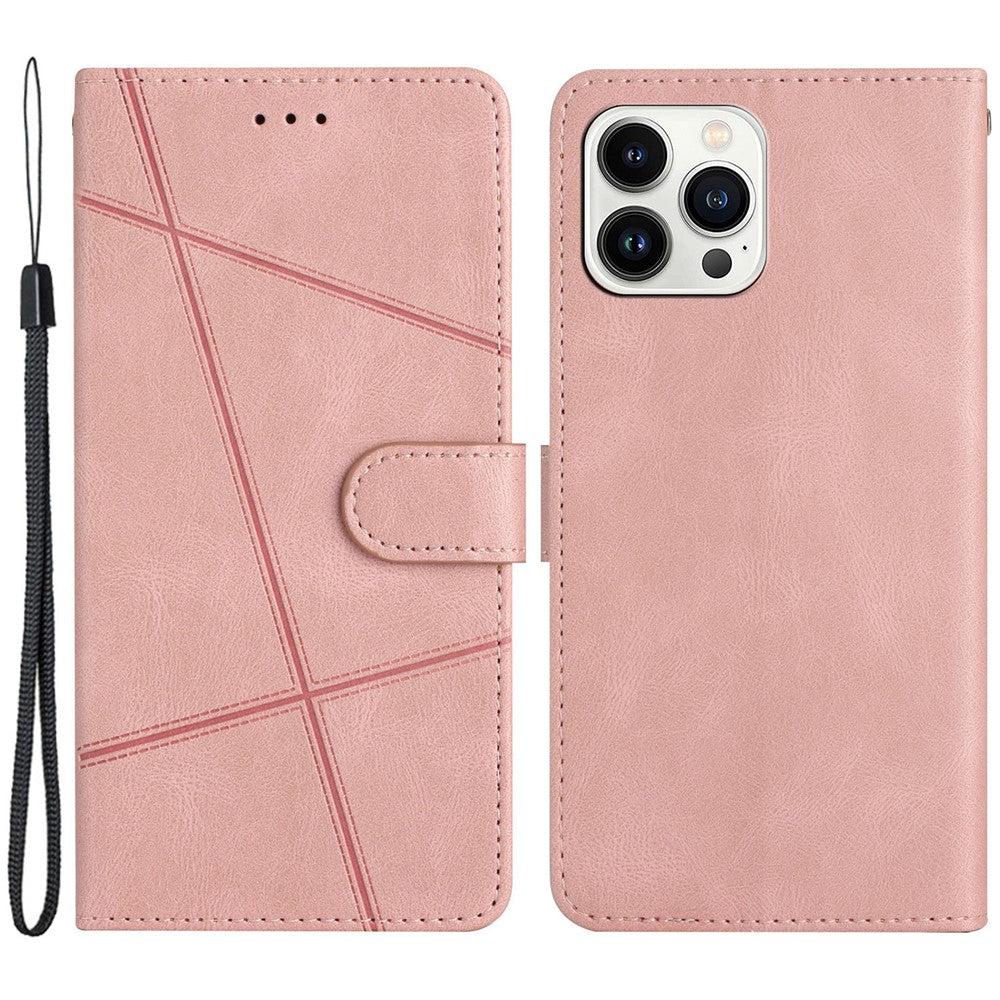 For iPhone 14 Pro Max Crazy Horse Texture PU Leather Flip Case Imprinted Lines Stand Wallet Folio Cover with Strap