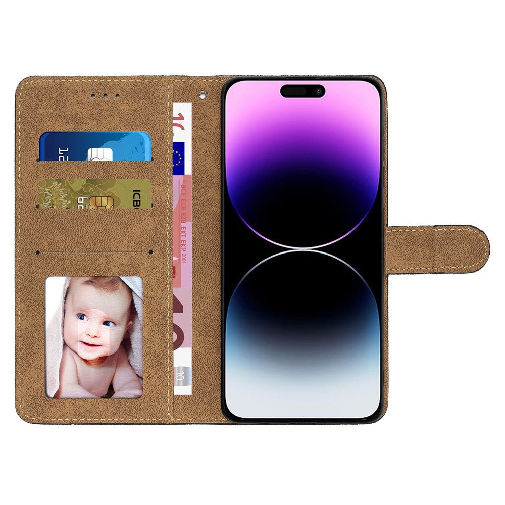 For iPhone 14 Pro Max Crazy Horse Texture PU Leather Flip Case Imprinted Lines Stand Wallet Folio Cover with Strap