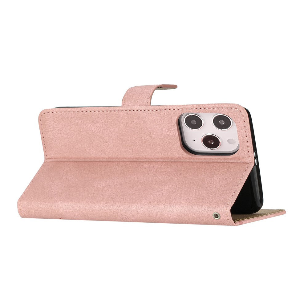 For iPhone 14 Pro Max Crazy Horse Texture PU Leather Flip Case Imprinted Lines Stand Wallet Folio Cover with Strap